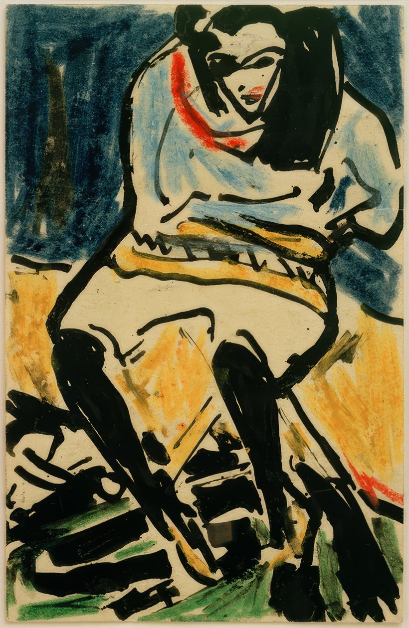 Postkort til Erich Heckel fra 6. april 1910 (Marzella på en sammenleggbar stol) av Ernst Ludwig Kirchner
