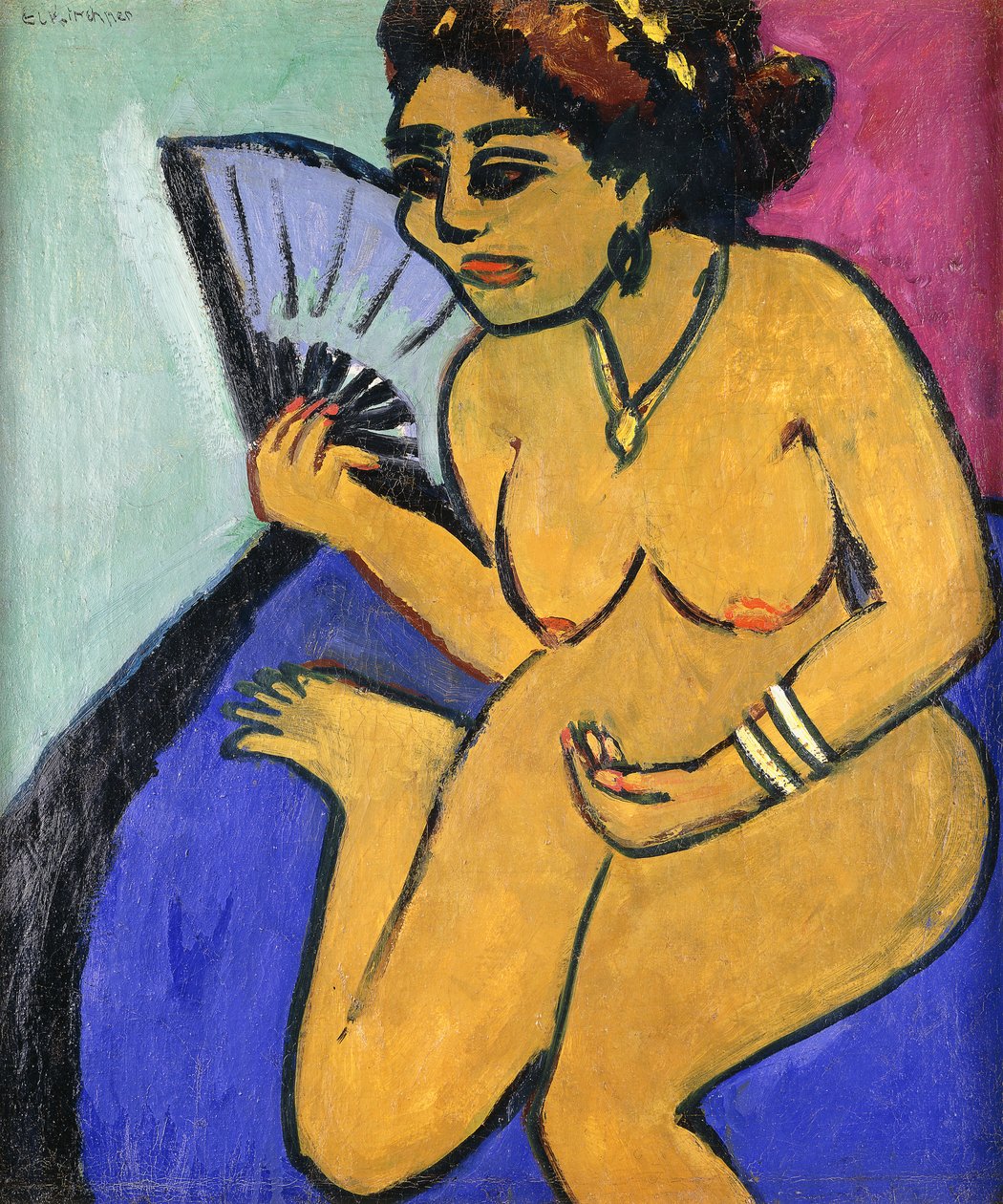 Sittende naken med vifte; Sittende naken med vifte, 1910-11 av Ernst Ludwig Kirchner