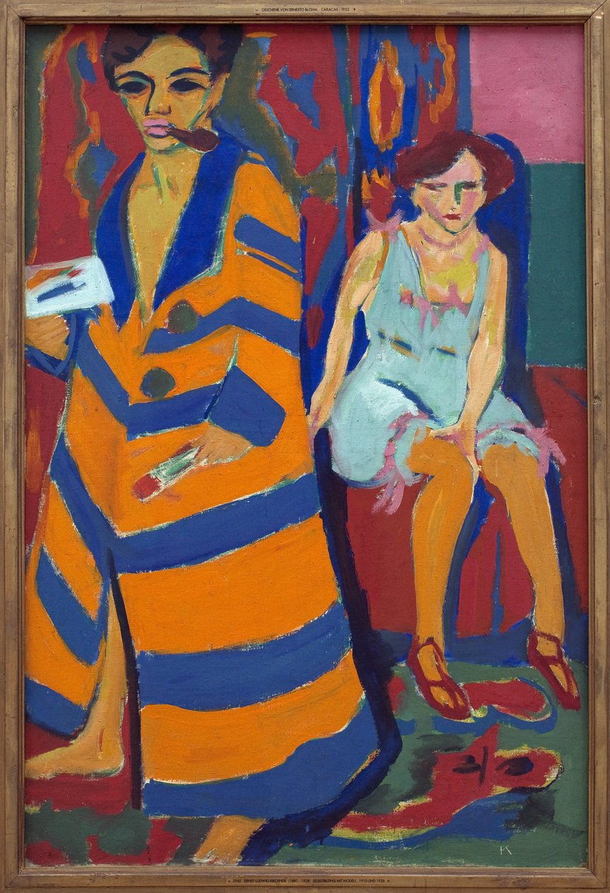 Selvportrett med modell. Maleri av Ernst Ludwig Kirchner (1880-1938), Olje på lerret av Ernst Ludwig Kirchner