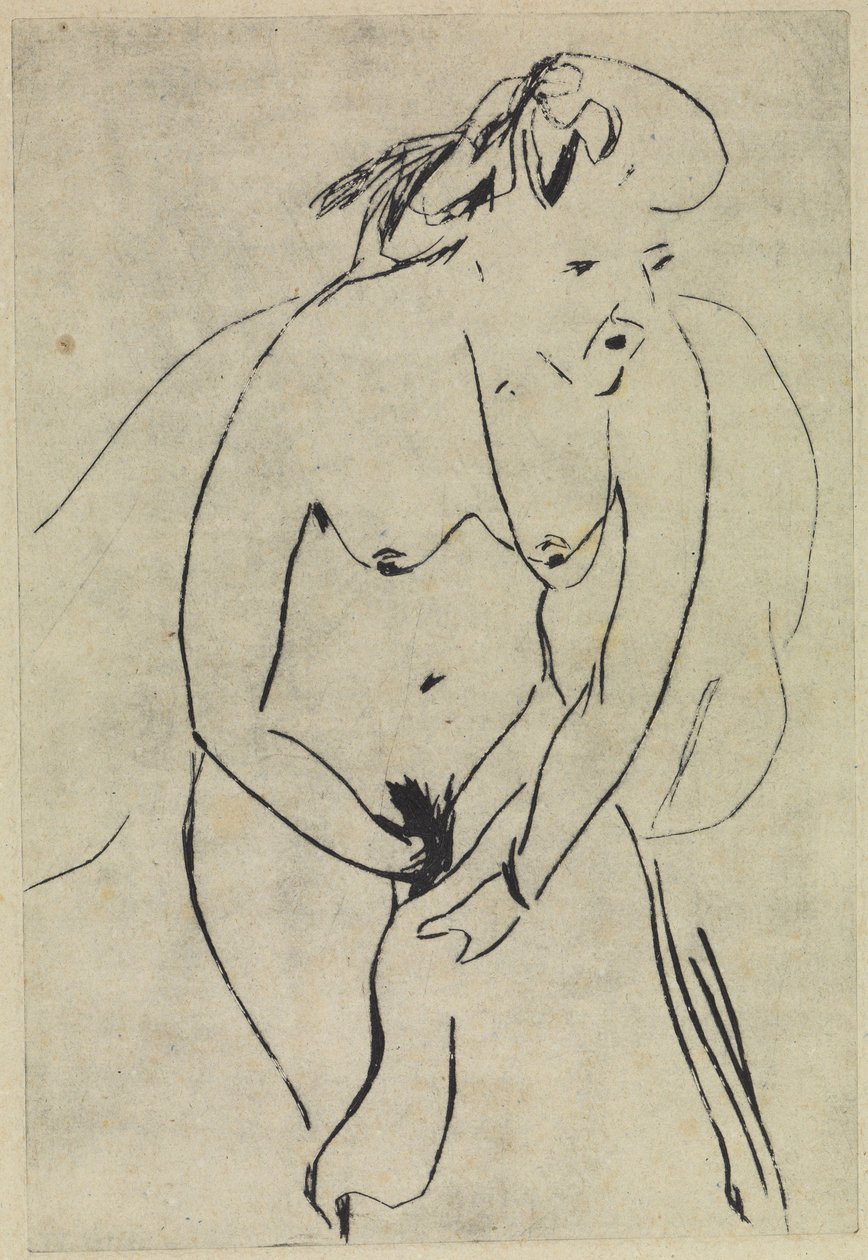Badende kvinne som tørker seg med håndkle og halskjede av Ernst Ludwig Kirchner