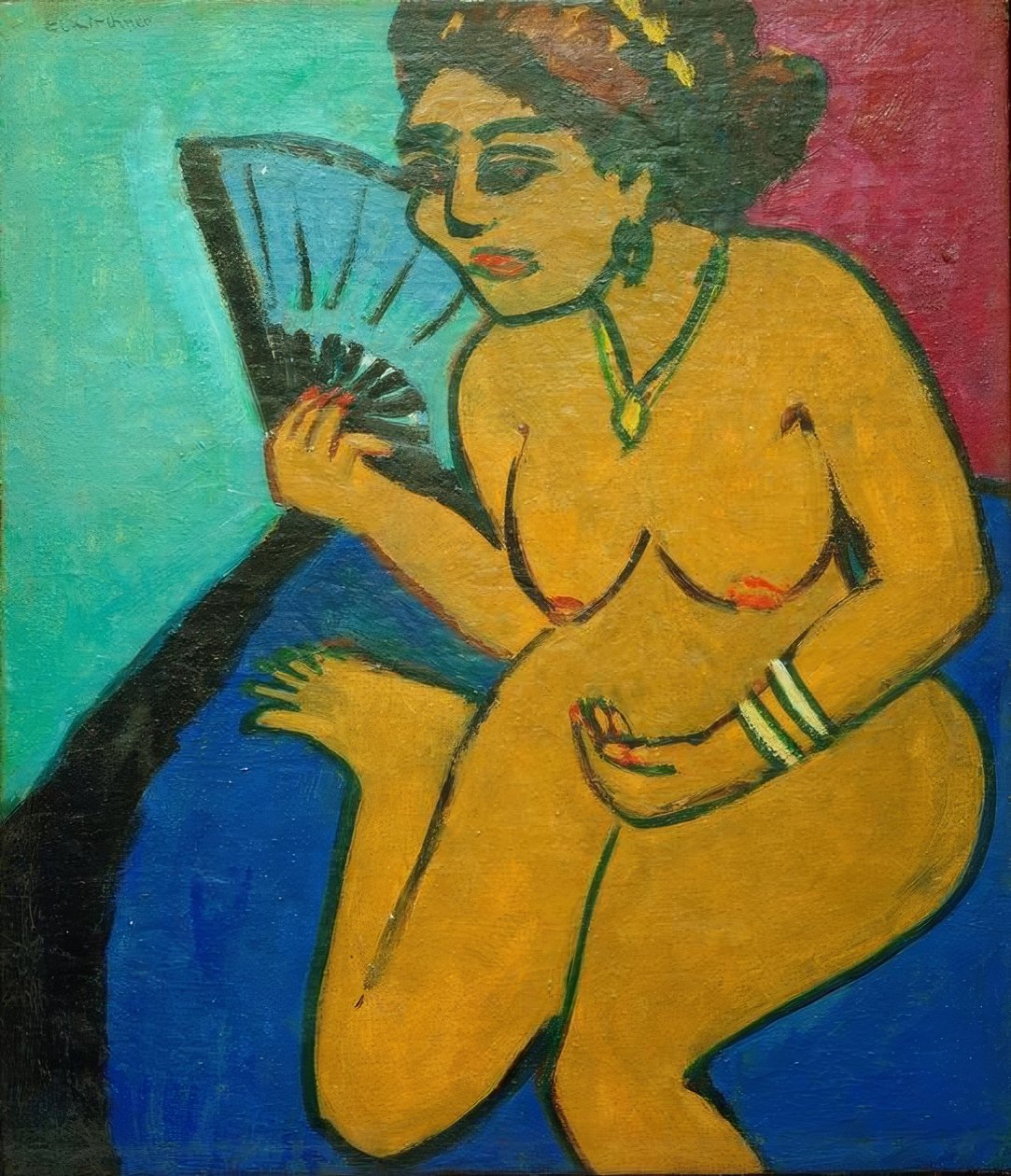 Sitter naken med en vifte av Ernst Ludwig Kirchner