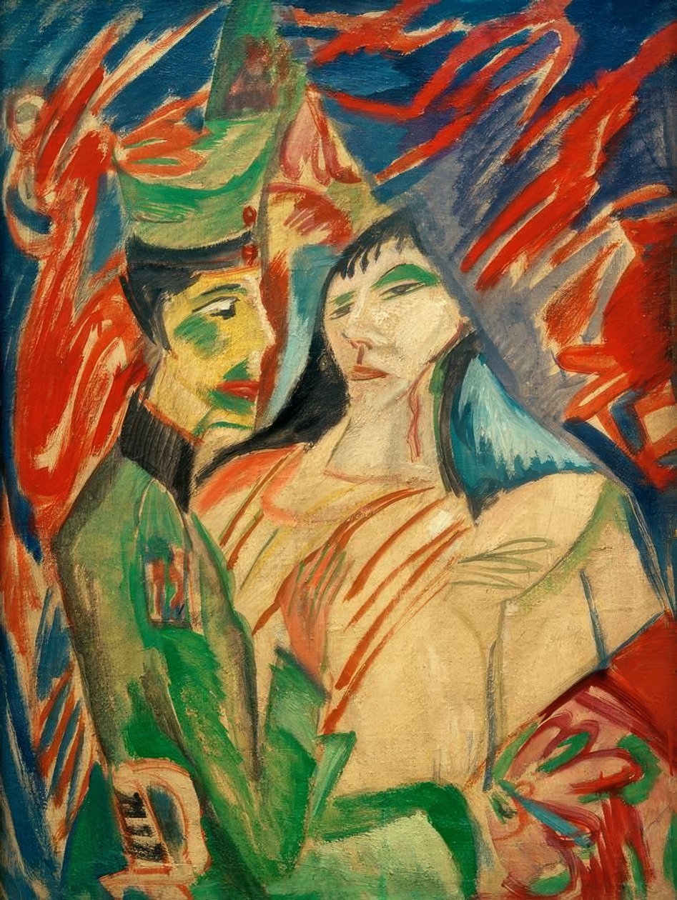Soldat og jente mellom fargerike gardiner av Ernst Ludwig Kirchner