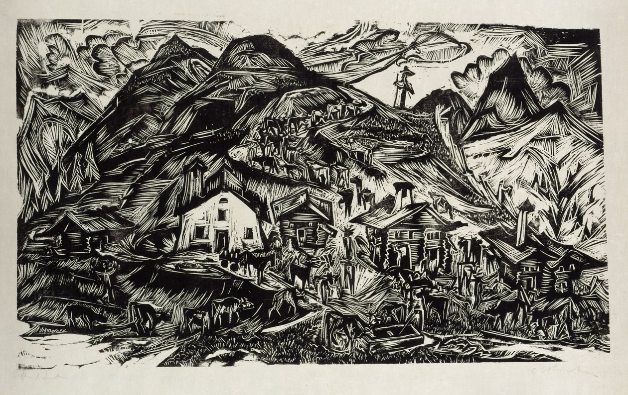 Stafelalp, oversiktsbilde - oppdrift til alpebeite av Ernst Ludwig Kirchner
