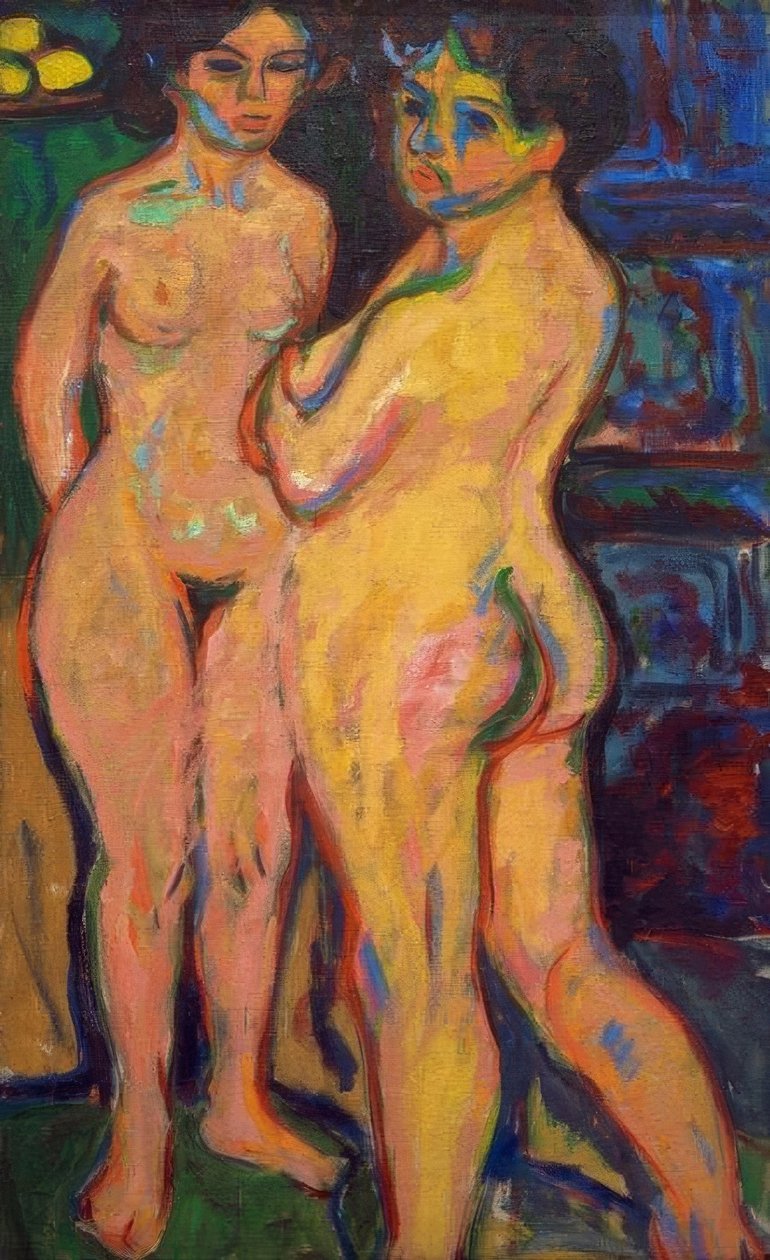 Stående naken jente ved komfyren av Ernst Ludwig Kirchner