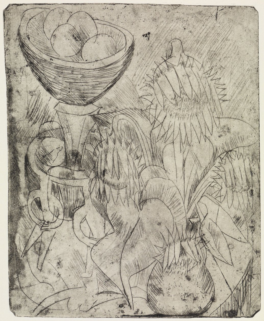 Stilleben med solsikker og fruktskål / Klynge av forbipasserende og trikk av Ernst Ludwig Kirchner