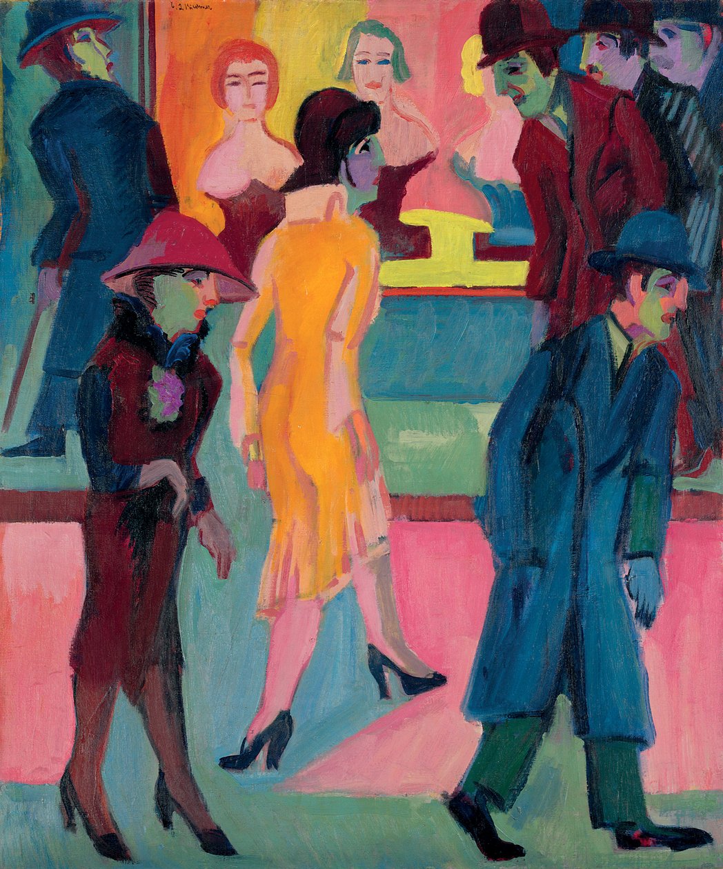 Gatescene ved frisøren; Gatebilde foran frisørsalongen, 1926 av Ernst Ludwig Kirchner