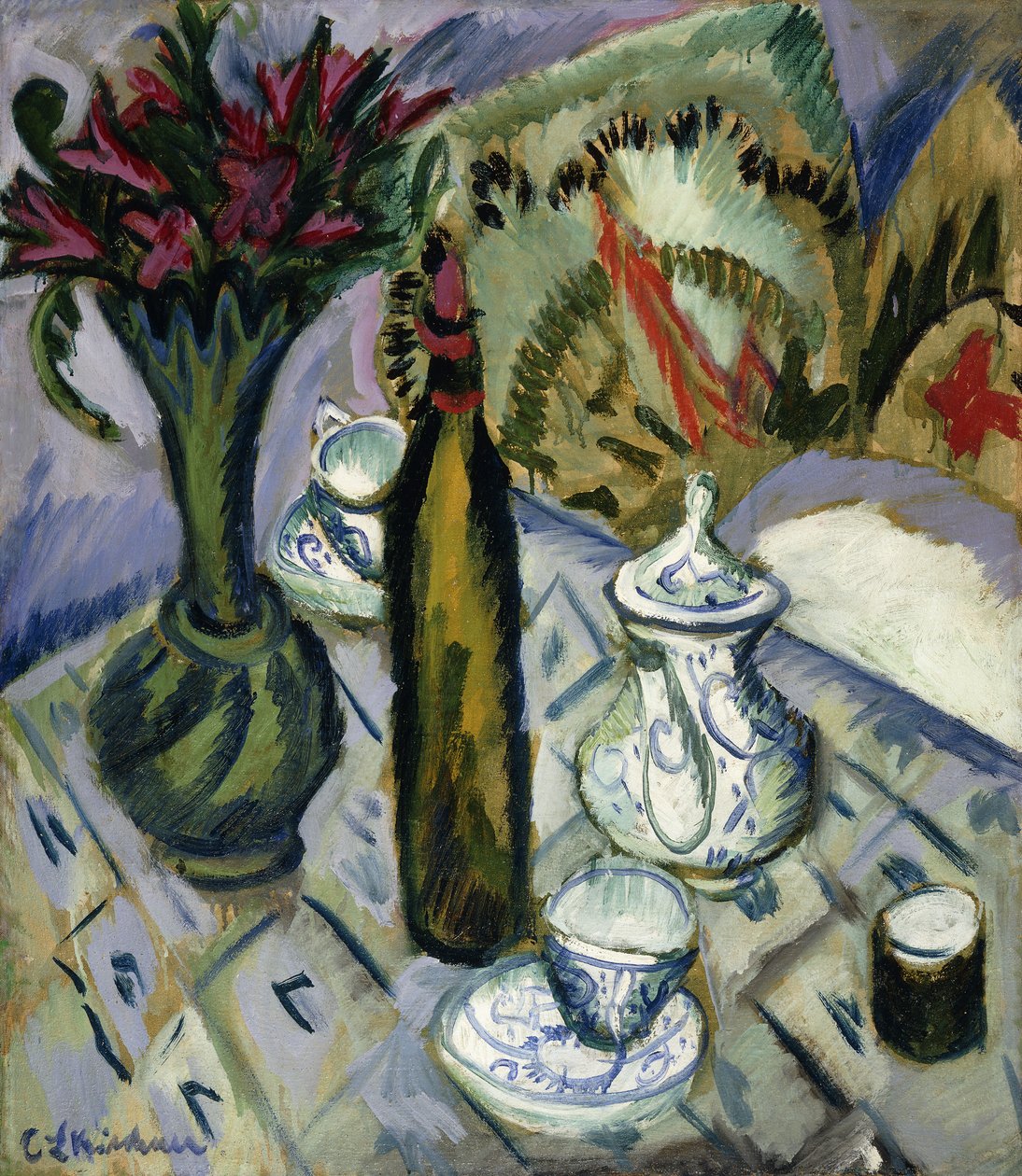 tekanne, flaske og røde blomster; Tekanne, flaske og røde blomster, 1912 av Ernst Ludwig Kirchner