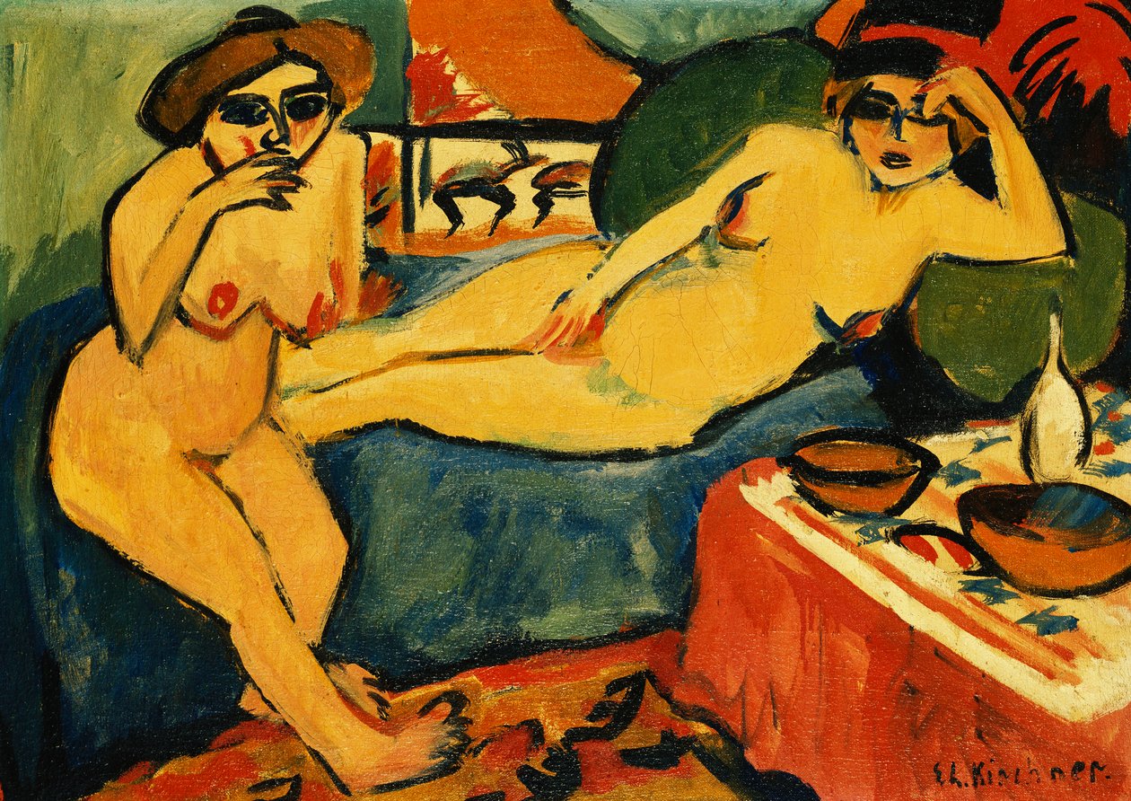 To nakenbilder på en blå sofa; To nakenbilder på blå sofa, ca. 1910-1920 av Ernst Ludwig Kirchner