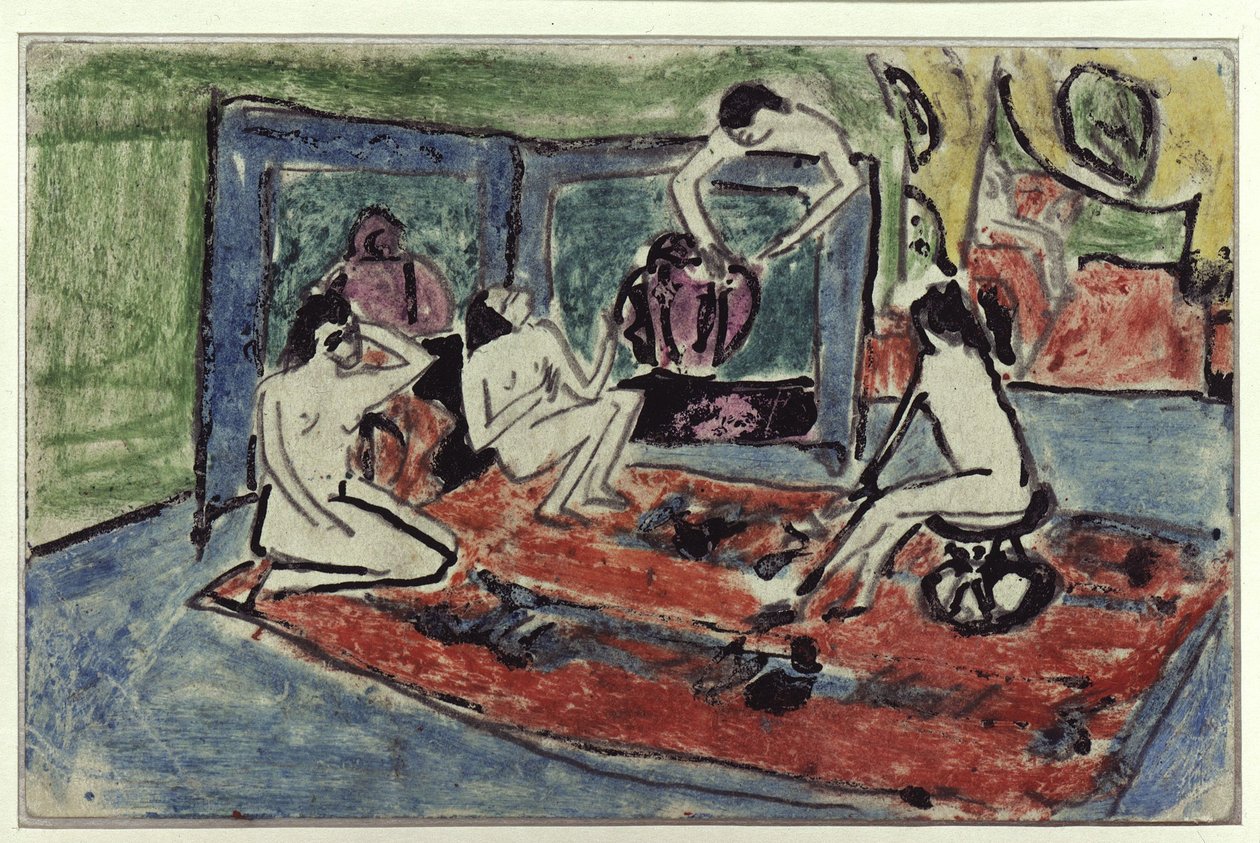 Fire nakne i atelieret (postkort til Maschka Müller) av Ernst Ludwig Kirchner