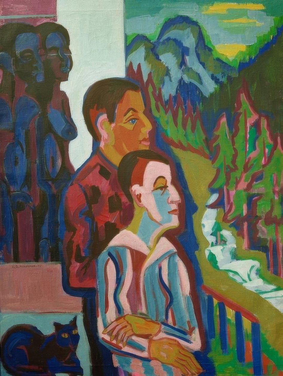 Før soloppgang - selv med Erna foran Wildbodenhaus av Ernst Ludwig Kirchner