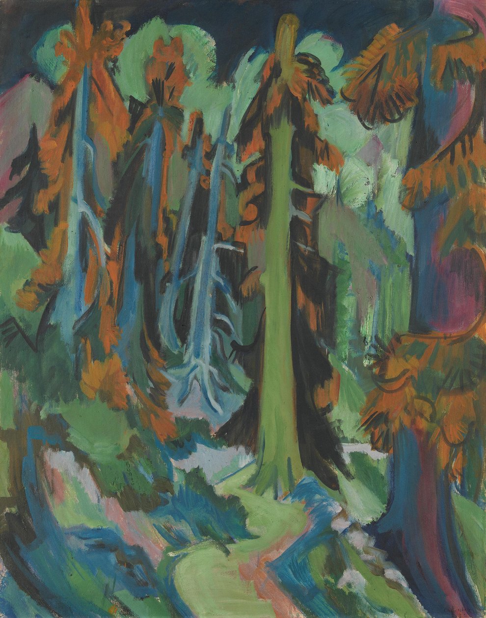 Værbitte grantrær (fjellskogsti, stammer i fjellskogen) av Ernst Ludwig Kirchner
