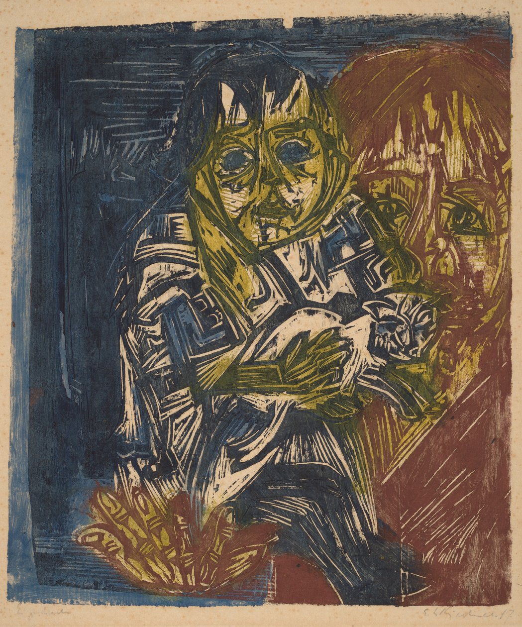 Kvinne med et barn og en katt av Ernst Ludwig Kirchner