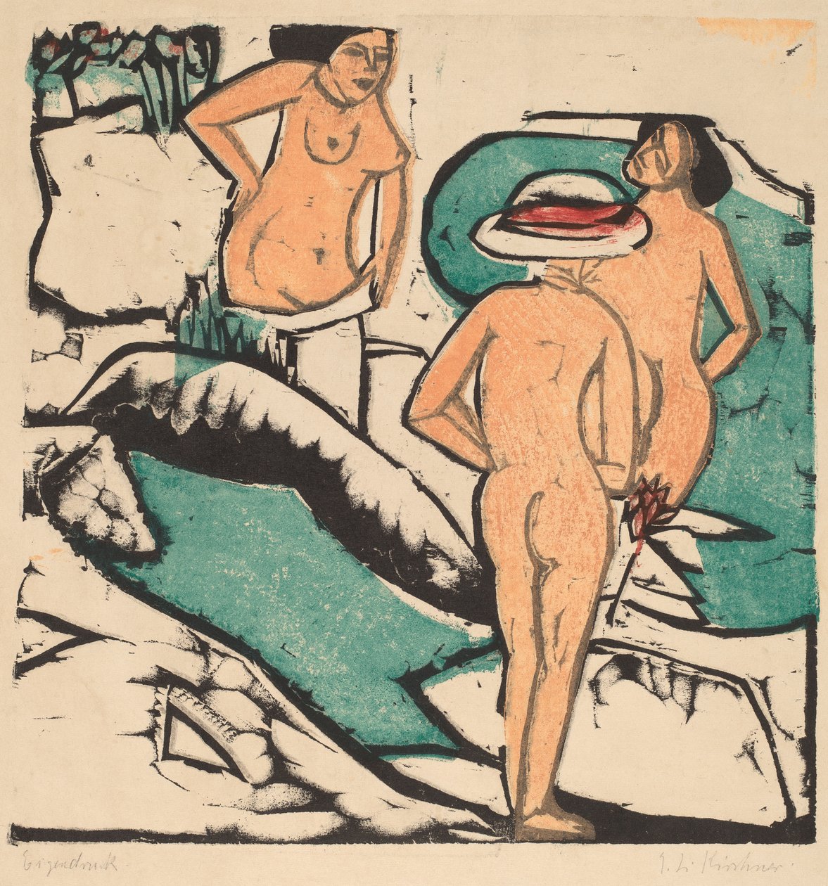 Kvinner bader mellom hvite steiner, 1912 (fargetresnitt trykt i svart, grønt, oransje og rødt) av Ernst Ludwig Kirchner