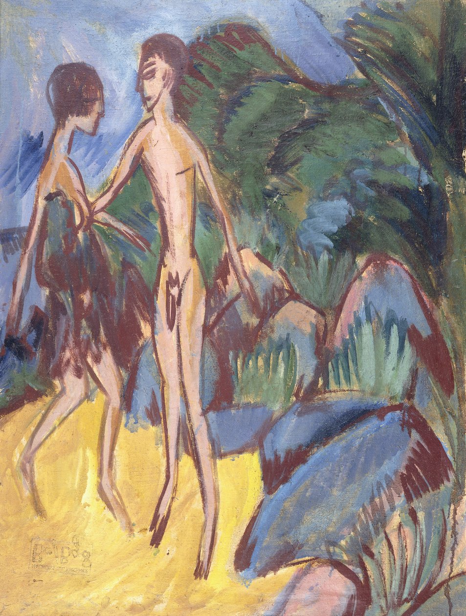 Ungdom og naken jente på stranden; Nackter Jungling und Madchen am Strand, 1913 av Ernst Ludwig Kirchner
