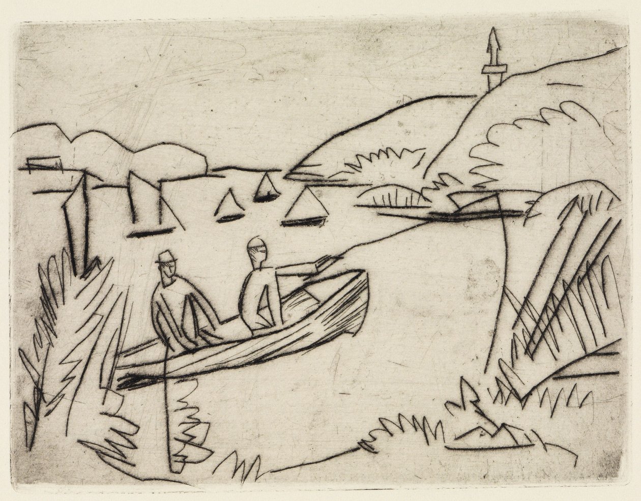 To badende ved Moritzburg-dammene/Fisker i en båt på Müggelsee av Ernst Ludwig Kirchner