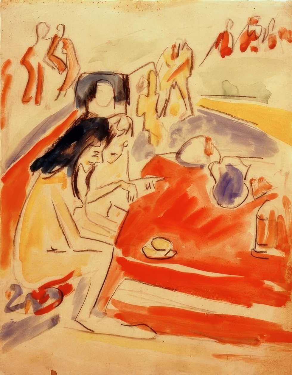 To jenter sitter ved bordet av Ernst Ludwig Kirchner