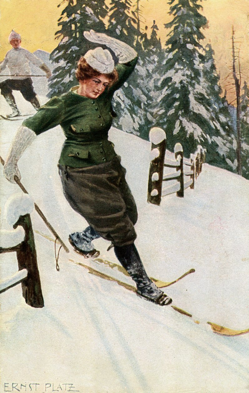 Kvinne på ski, slutten av 1800- eller begynnelsen av 1900-tallet. av Ernst Platz