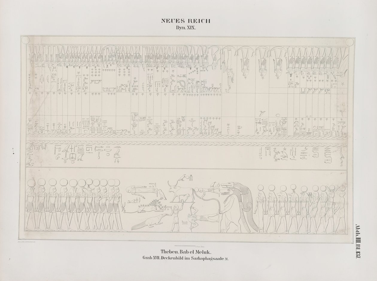 Tegning av takmaleriet i Sarcophagus Hall, 19. dynasti, Theben, Biban-el-Muluk, New Kingdom, illustrasjon fra "Monuments to Egypt and Ethiopia...", av Richard Lepsius av Ernst Weidenbach