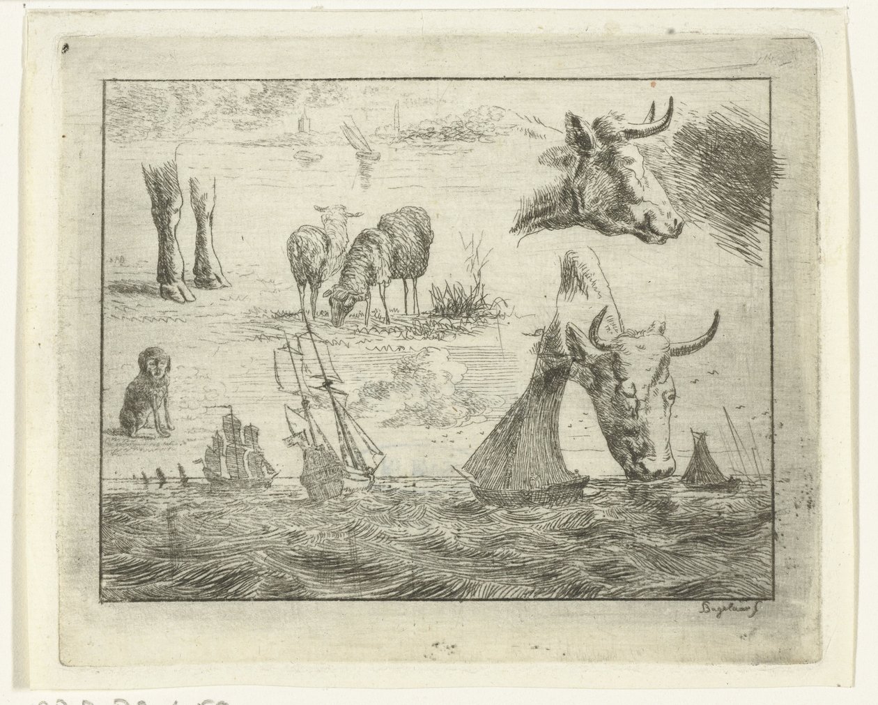 Studieark med sjølandskap, to kuhoder, sauer, en hund og to bein av Ernst Willem Jan Bagelaar