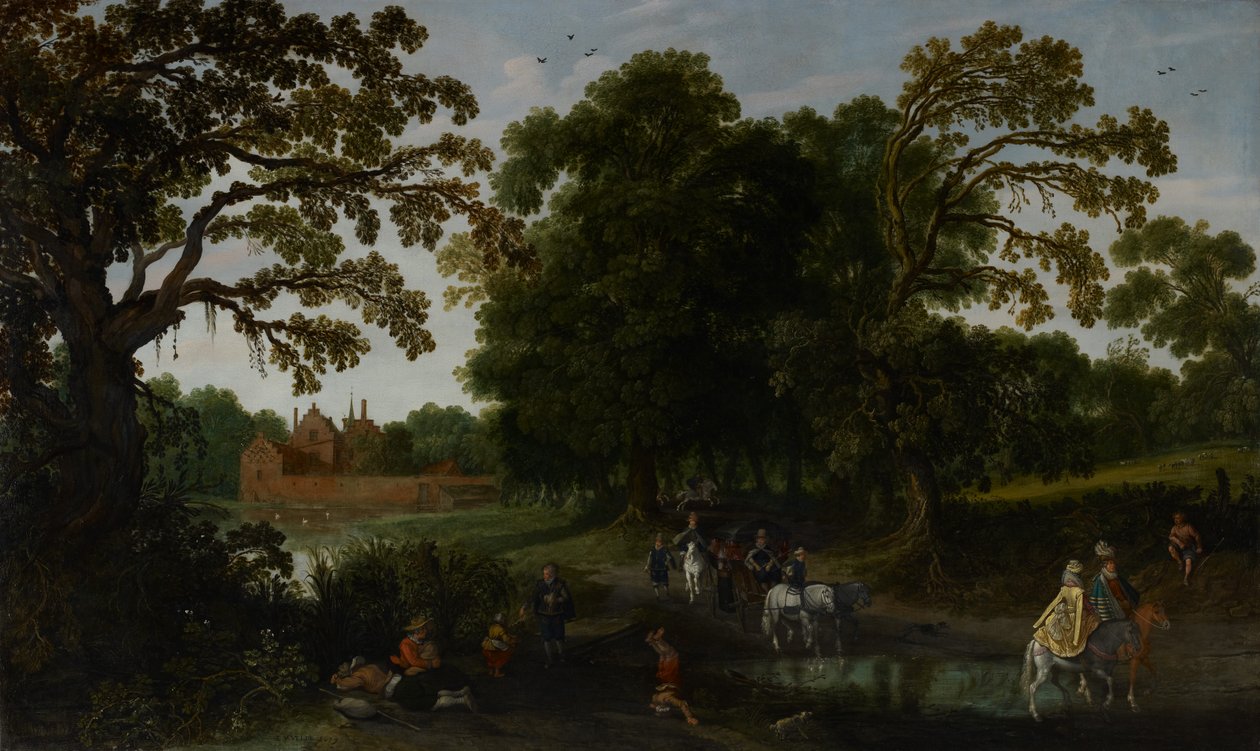 Landskap med en høvisk prosesjon foran Abtspoel slott, 1619 av Esaias van de Velde