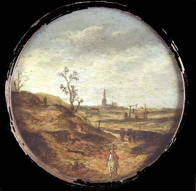 Et omfattende landskap med reisende på en vei av Esaias II van de Velde