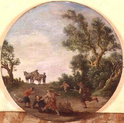 Brigander angriper en reisende på et spor ved en skog av Esaias II van de Velde