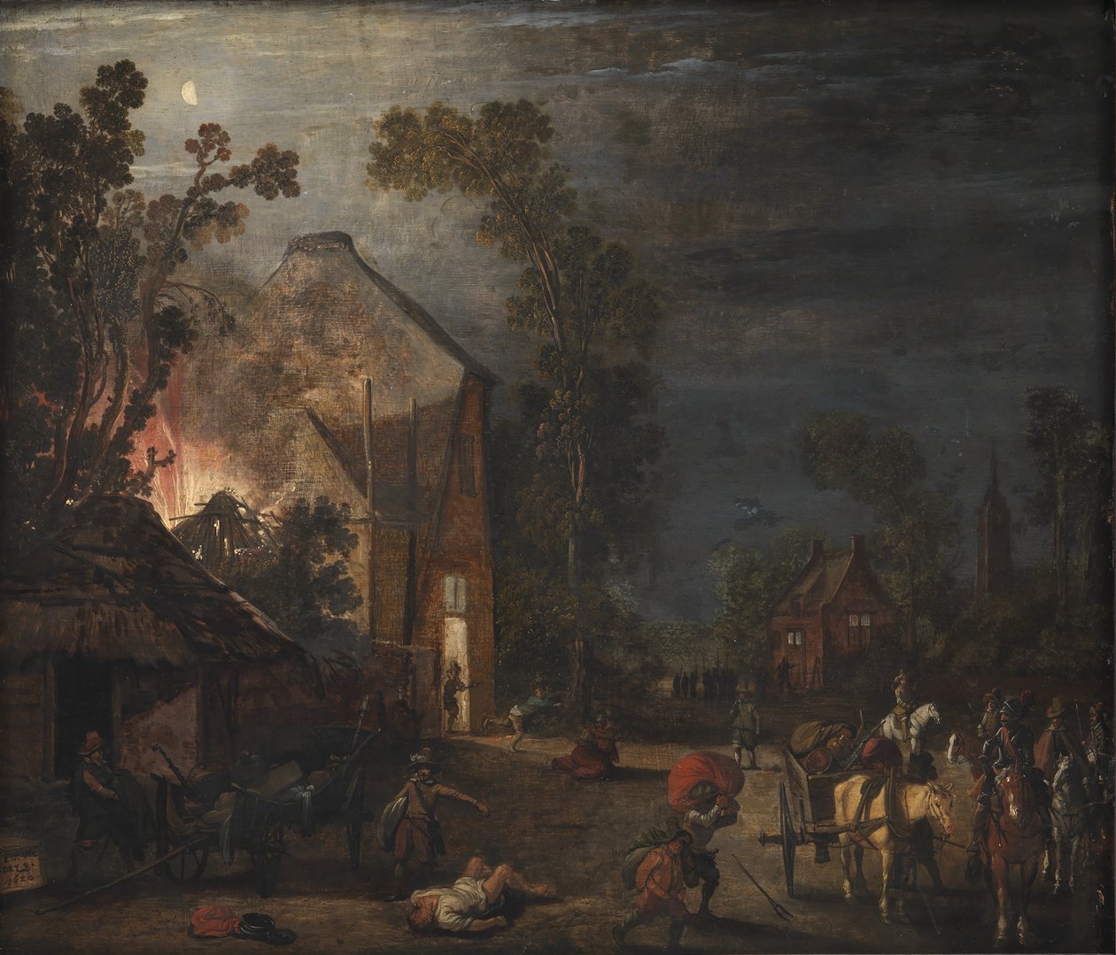 En landsby plyndret om natten av Esaias van de Velde