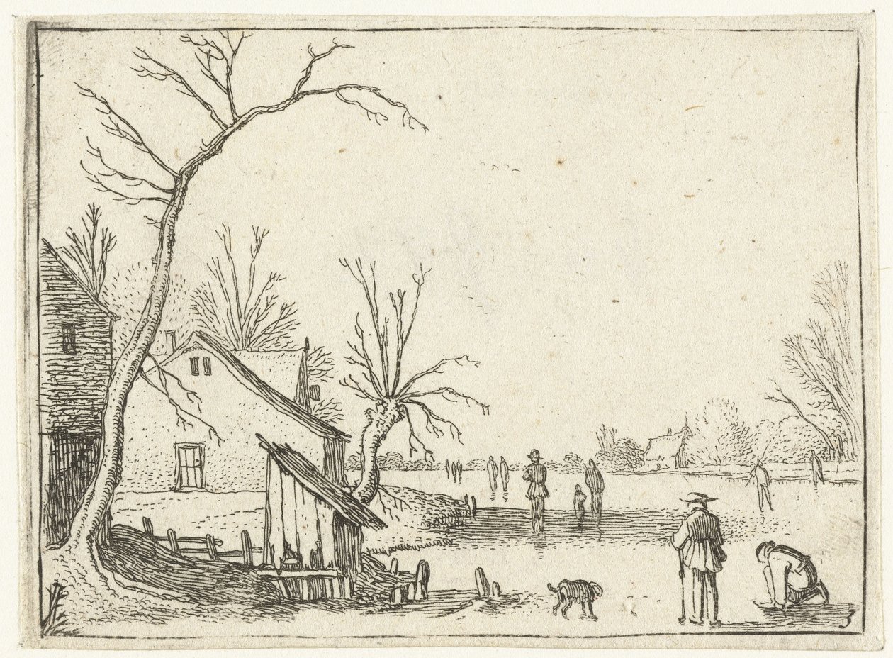 Gård ved frossen elv og skatere på isen Små landskap (serietittel) av Esaias van de Velde