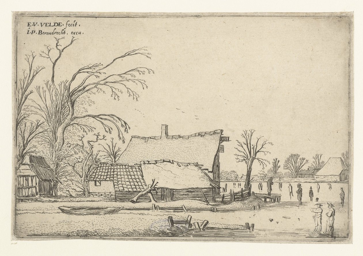 Gård ved frossen elv med skatere Landskapslandskap (serietittel) av Esaias van de Velde