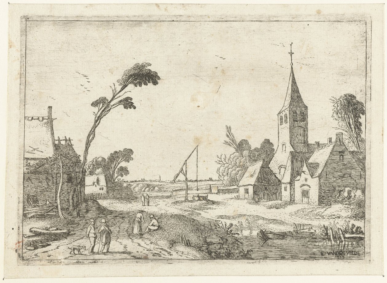 Landsbyutsikt med gårder, kirke og brønn Landskapslandskap (serietittel) av Esaias van de Velde