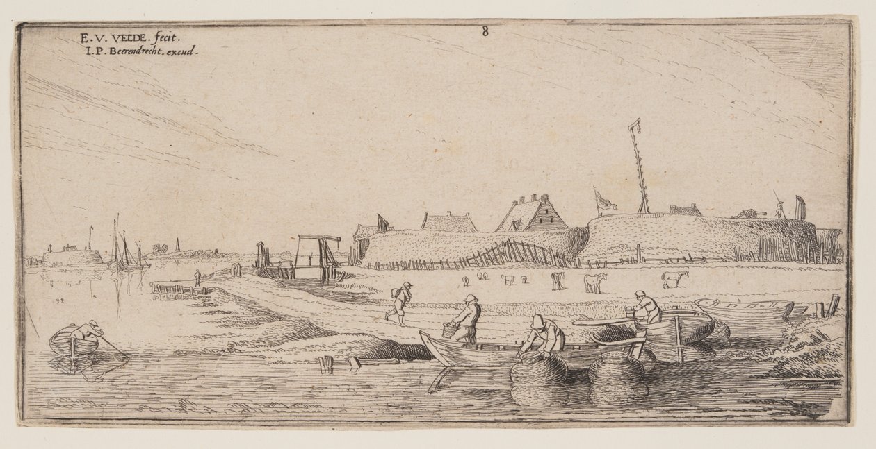 Fiskere i robåter foran en bymur, fra Landskap av Esaias van de Velde