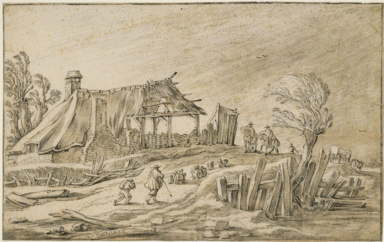Landevei med saueflokk og ryttere i regnstorm av Esaias van de Velde