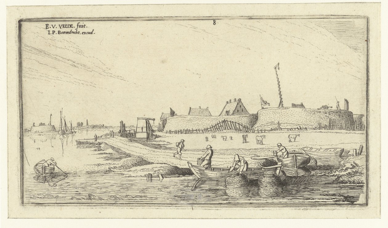 Robåter med fiskere foran en festning på Schelde Landskap (serietittel) av Esaias van de Velde