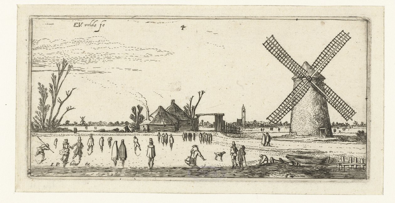 Skatere på isen ved en mølle i nærheten av Penningsveer Landskap (serietittel) av Esaias van de Velde