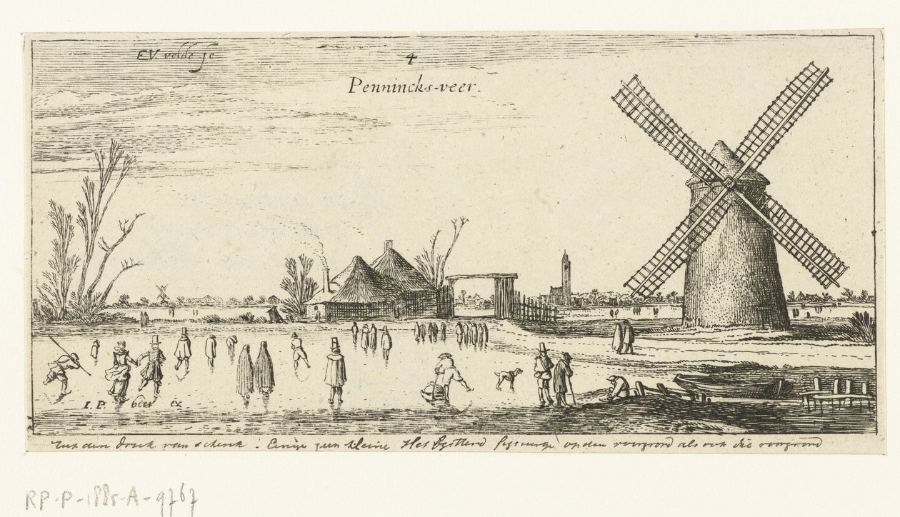 Skatere på isen ved en mølle i nærheten av Penningsveer Landskap (serietittel) av Esaias van de Velde