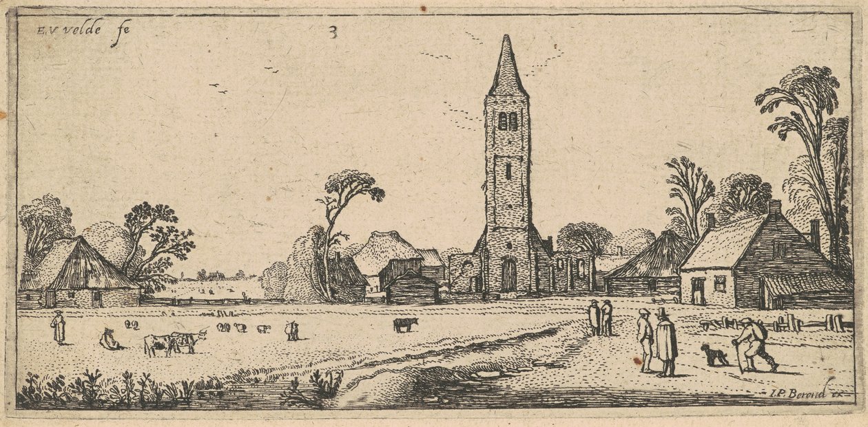 Landskap med eng og landsbykirke av Esaias van de Velde I