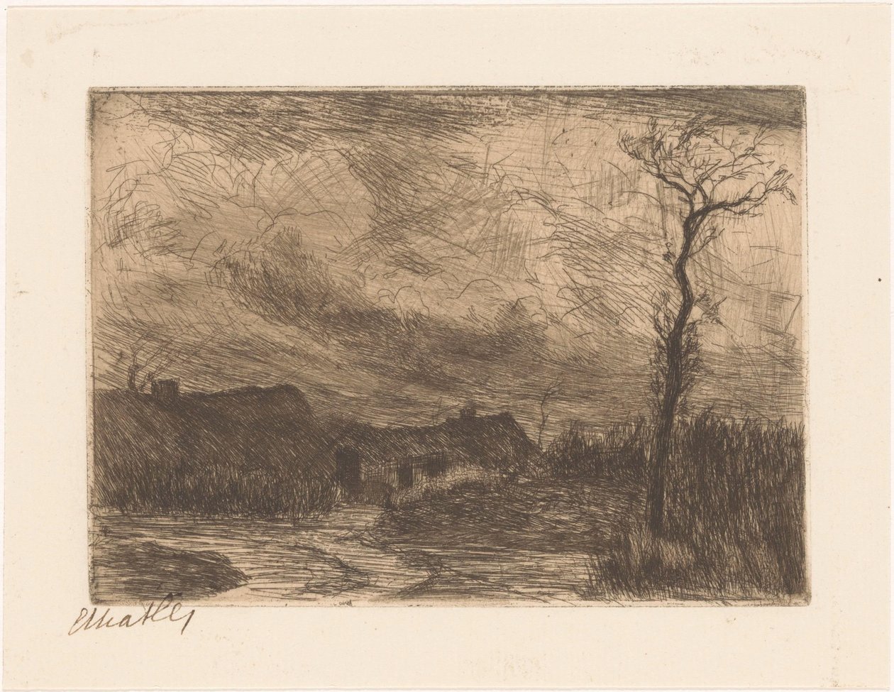 Hus under en tung himmel av Etha Fles (signed by artist)
