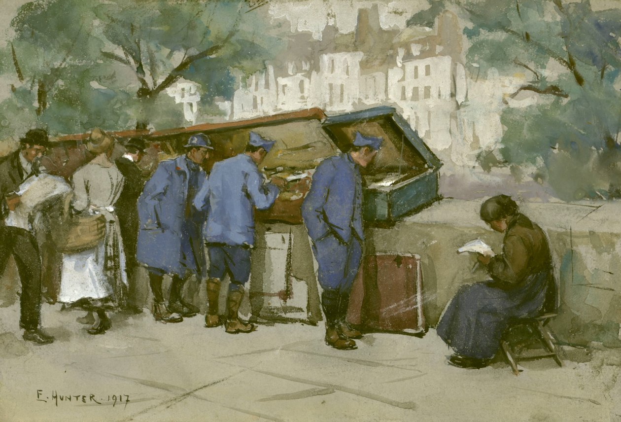 Franske soldater og bouquinistes langs Seinen, 1917 (wc på lysegråt papir) av Ethel Hunter