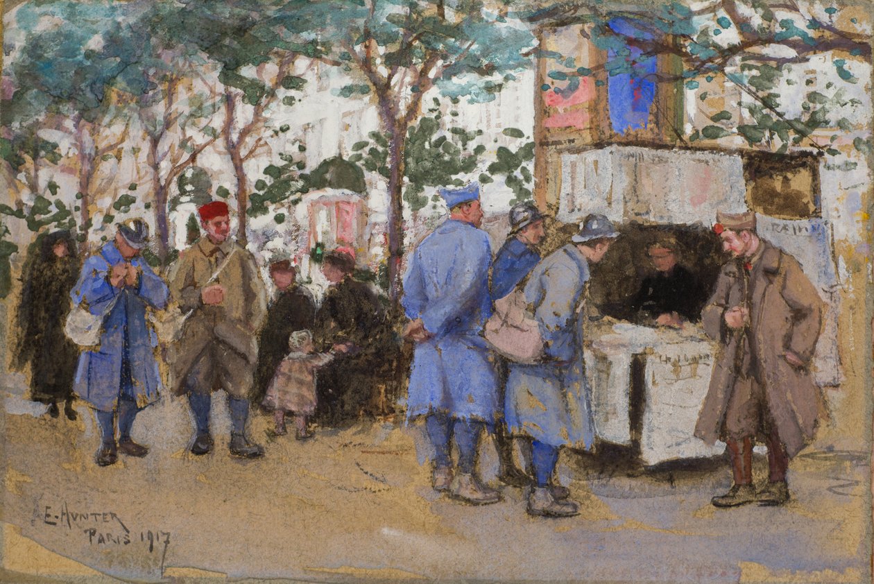 Soldater ved en aviskiosk, Paris, 1917 av Ethel Hunter