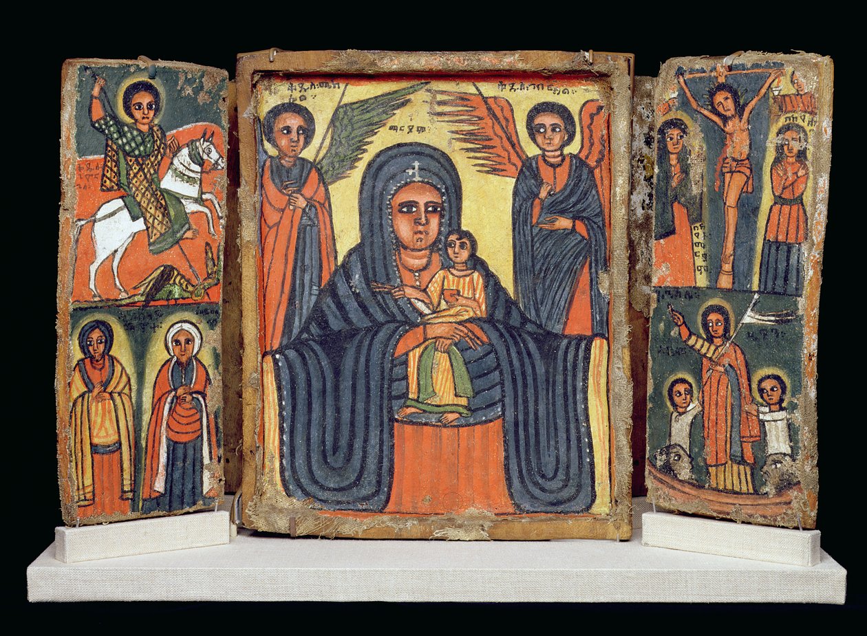Dobbel triptyk, Amhara-kultur (gesso og pigment på lin) (se også 212139) av Ethiopian School
