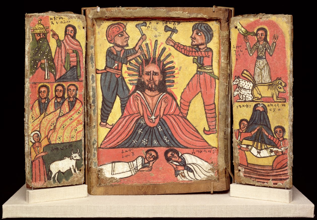 Dobbel triptyk, Amhara-kultur (gesso og pigment på lin) (se også 212138) av Ethiopian School
