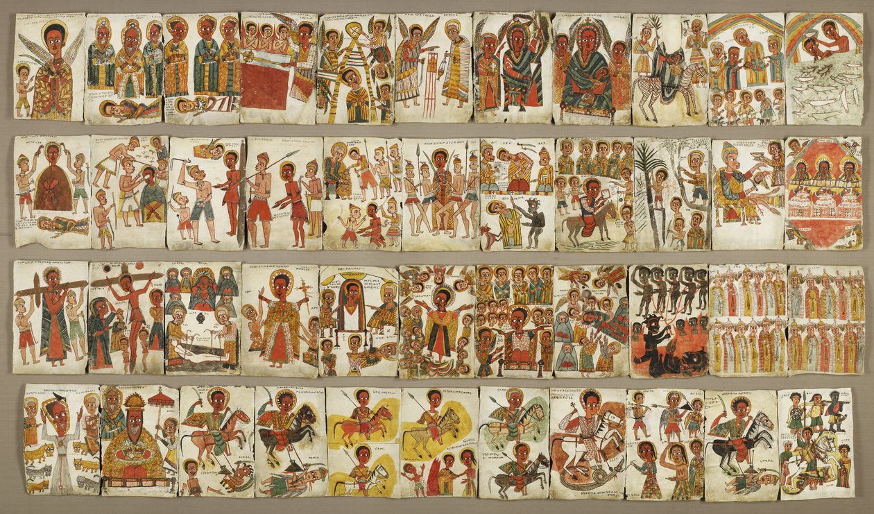 Blad med 44 plater fra et kristent opplyst album, sent på 1600-tallet (pigmenter på vellum) av Ethiopian School