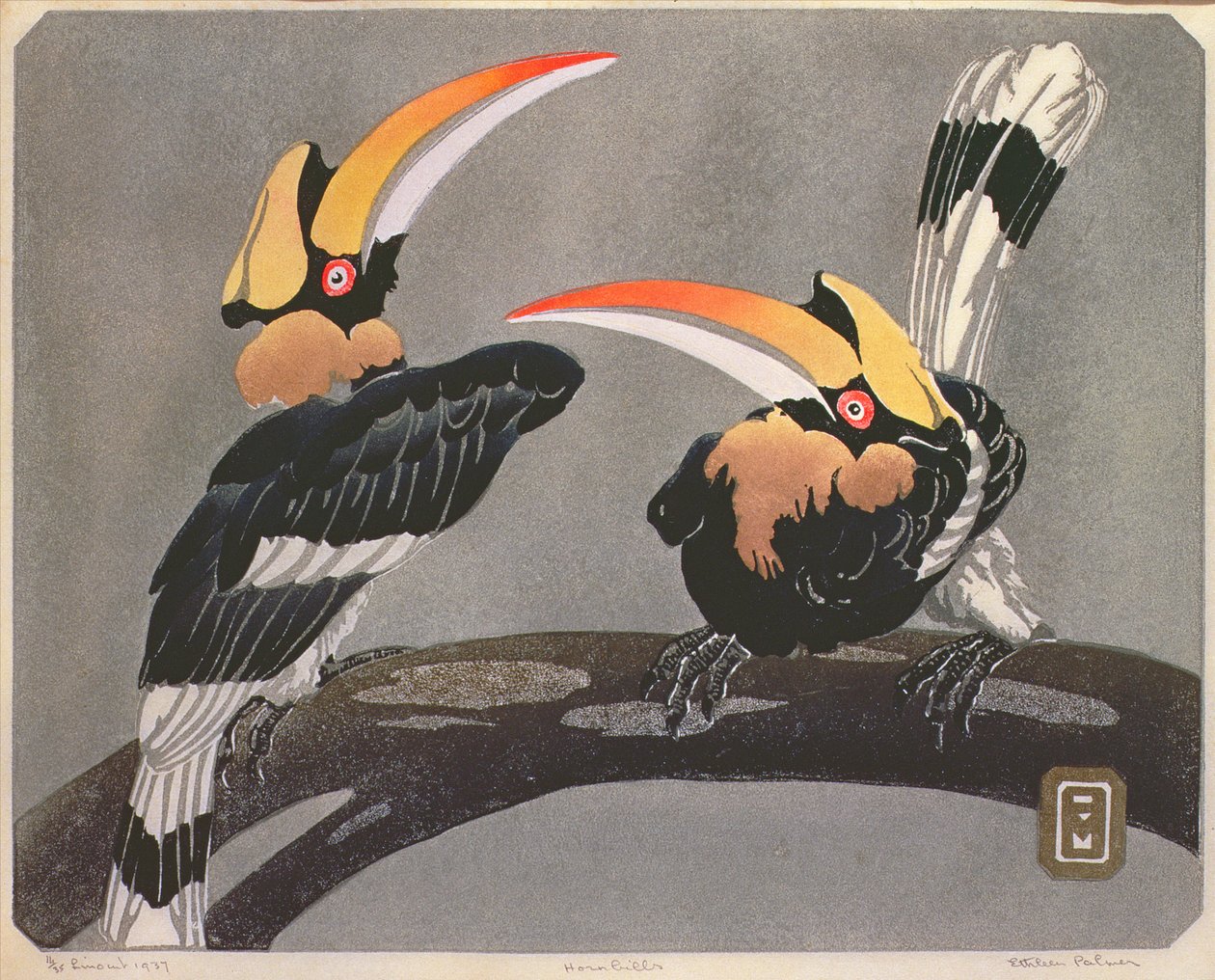 Hornbills, 1937 (linosnitt) av Ethleen Palmer