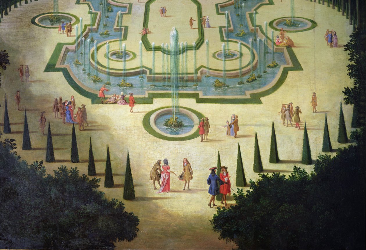 La Salle des Festins ou Salle du Conseil detalj av dammene og figurene i forgrunnen, ca. 1688 olje på lerret av Etienne Allegrain
