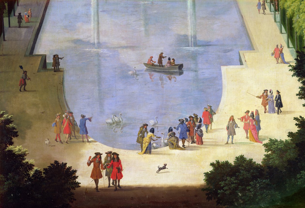 The Water Mirror Basin og Royal Island detalj av figurer nær dammen, c.1688 olje på lerret av Etienne Allegrain