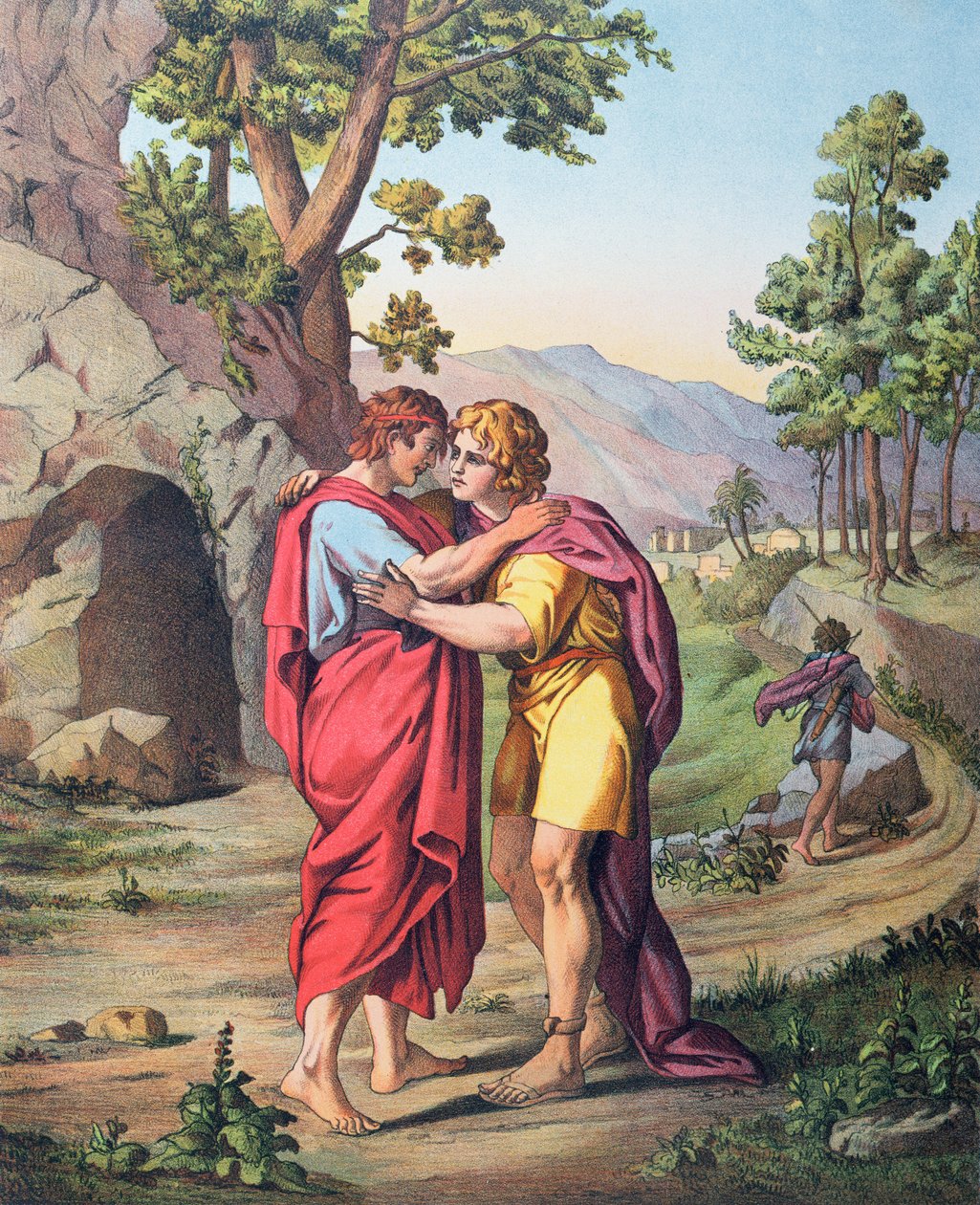 Avskjeden mellom David og Jonathan, illustrasjon fra en katekisme, ca. 1860 av Etienne Antoine Eugene Ronjat