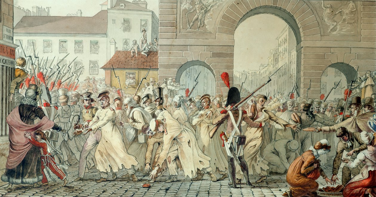 Russiske fanger paraderte på Boulevard Saint-Martin etter slaget ved Montmirail, 17. februar 1814 (penn og blekk og wc på papir) av Etienne Jean Delecluze