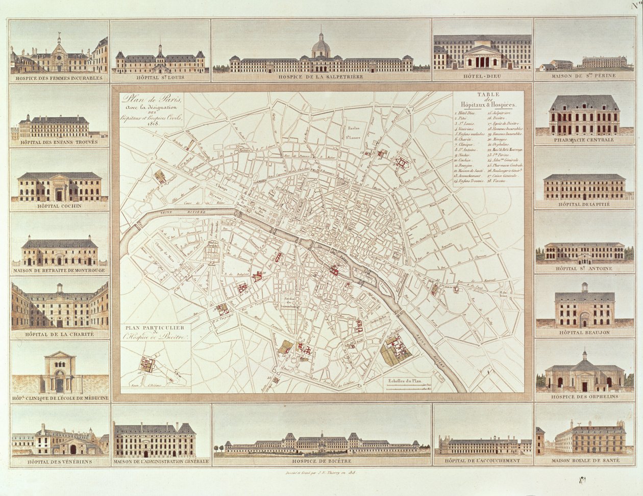Plan for Paris som indikerer sivile sykehus og hjem, 1818, publisert i 1820 av Etienne Jules Thierry