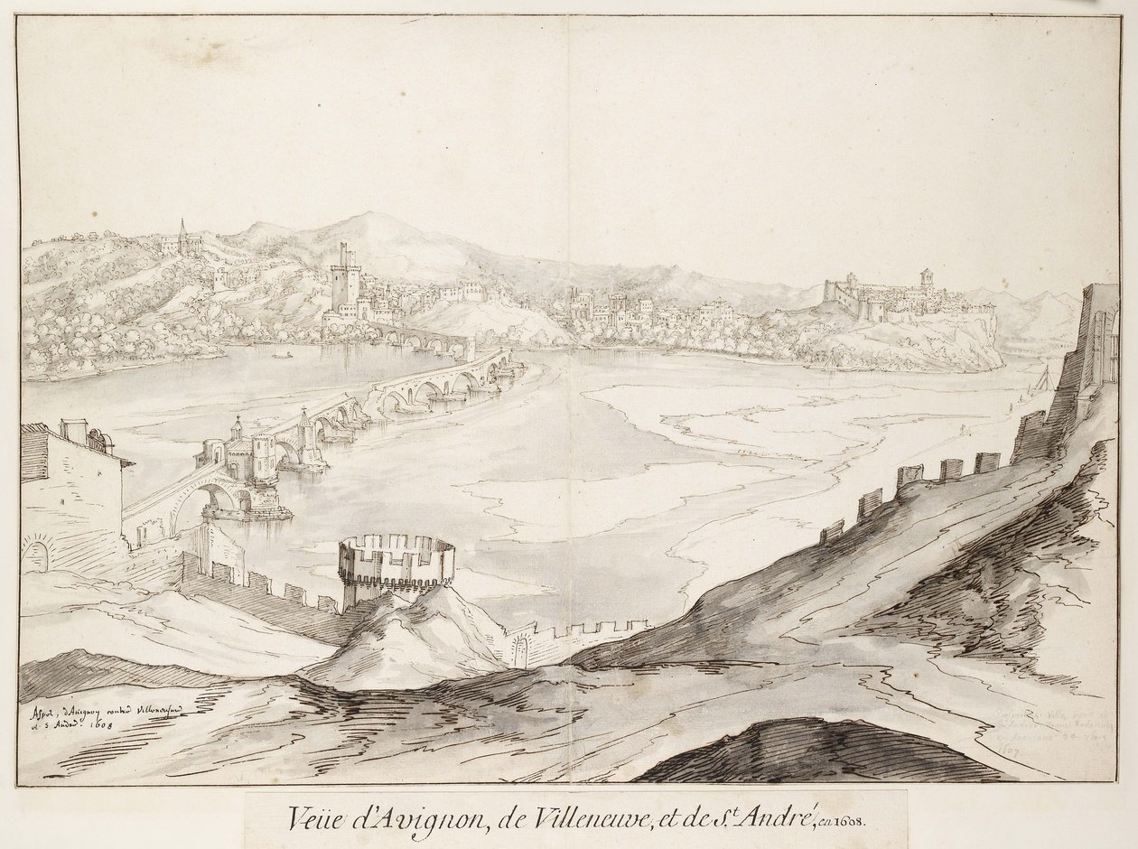 Utsikt over broen ved Avignon med utsikt mot Villeneuve (grafitt med penn og mørkebrunt blekk med grå vask på hvitt papir) av Etienne Martellange