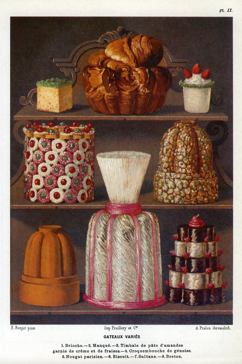 Kaker varierer: brioche, mangel, pauker av mandelmasse toppet med krem og jordbær, croquenbouche de genoise, parisisk nougat, kjeks, sultan, bretonsk - tallerken nr. 2 fra konditoriboken av Jules Gouffe, officer de bouche du Jockey-Club de Paris (kap av Etienne (after) Ronjat